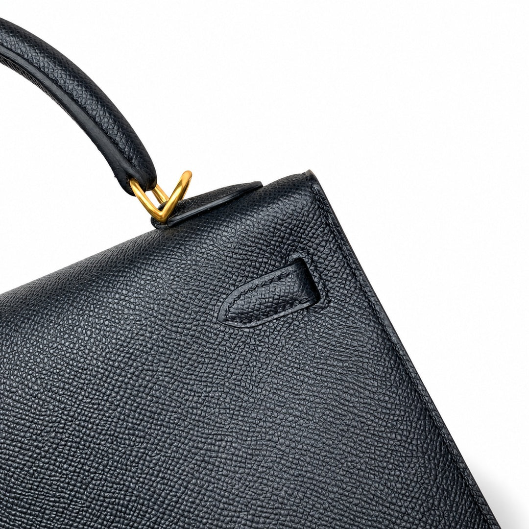 Kelly 25 Black Epsom Gold Buckle, fully handmade with wax thread — Polished Structured Handbag