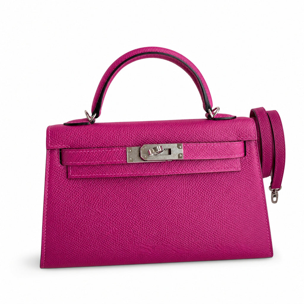 handmade Mini Kelly II 19cm imported Epsom Leather Rose Purple Silver Buckle — Compact Top-Handle Bag