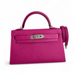 handmade Mini Kelly II 19cm imported Epsom Leather Rose Purple Silver Buckle — Compact Top-Handle Bag