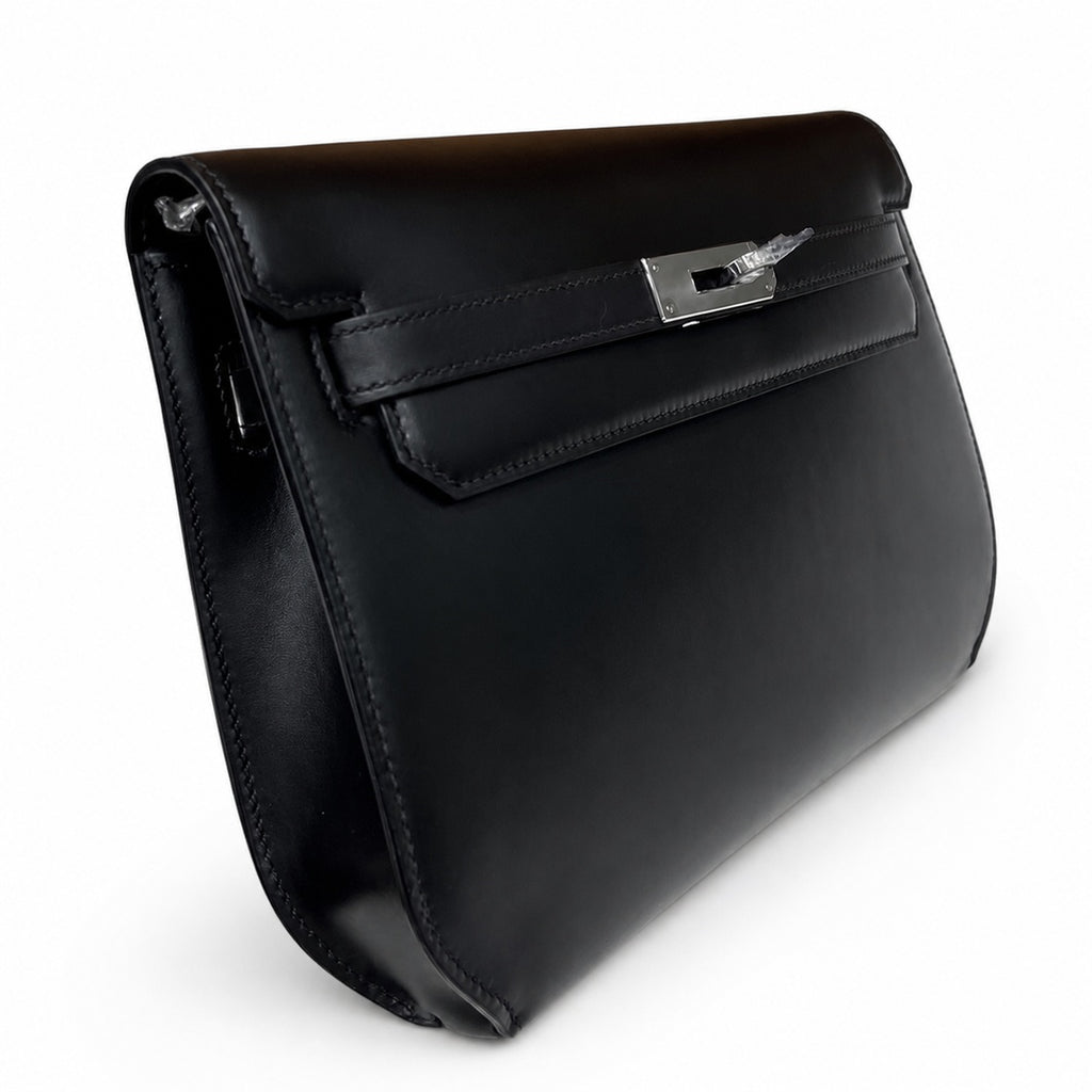 Kelly Depeches25 Black Silver Box Leather — Structured Hand-Carry Clutch
