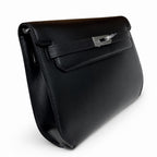Kelly Depeches25 Black Silver Box Leather — Structured Hand-Carry Clutch