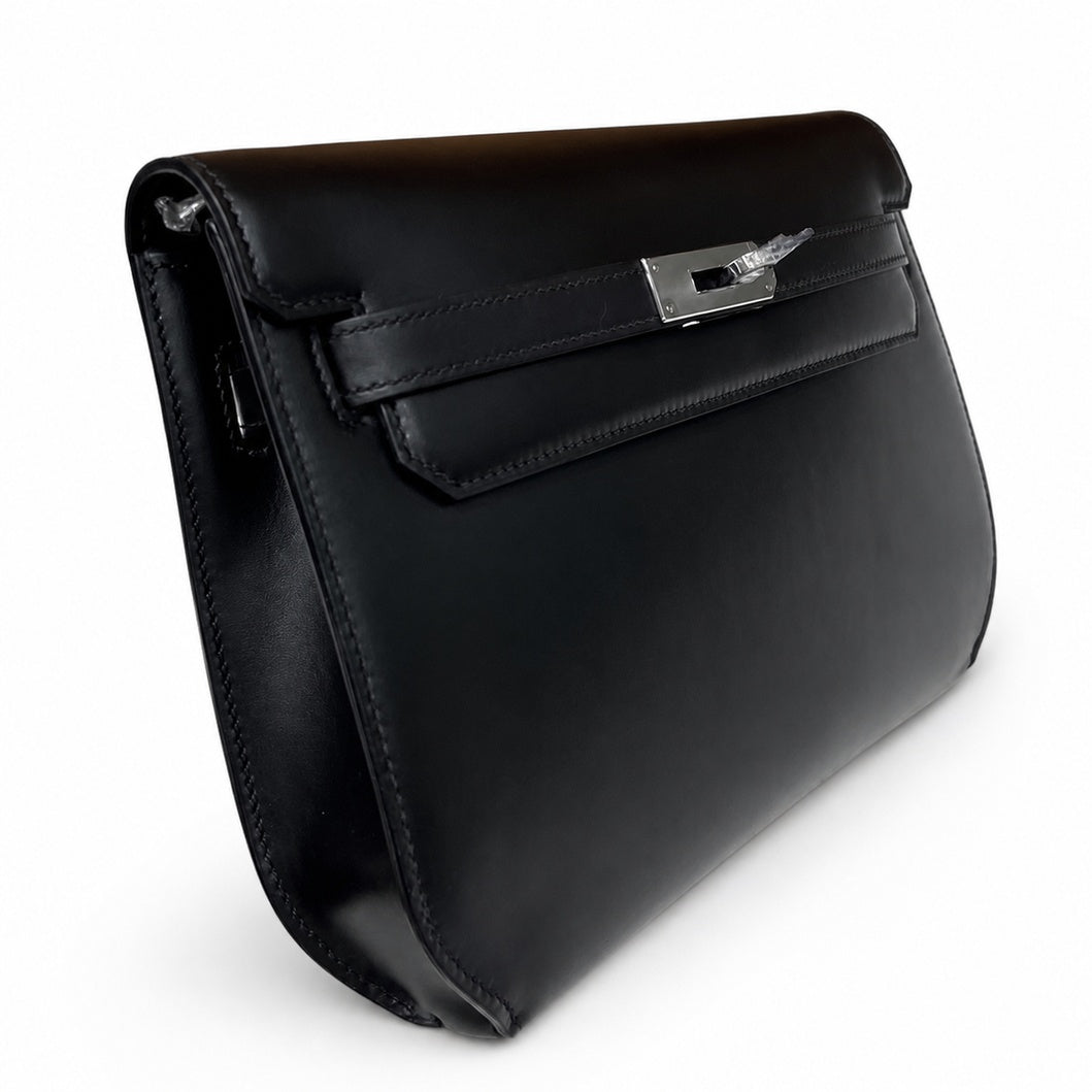 Kelly Depeches25 Black Silver Box Leather — Structured Hand-Carry Clutch