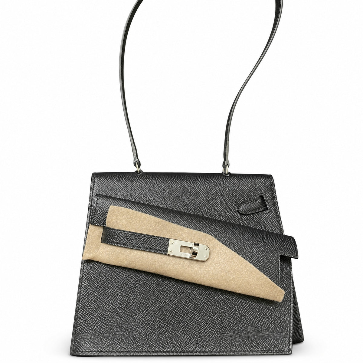 Kelly Desordre 20cm Sellier double-sided Epsom original palm print leather ck89 Black Noir Silver Buckle PHw top hand sewing — Refined Reversible Carry Design