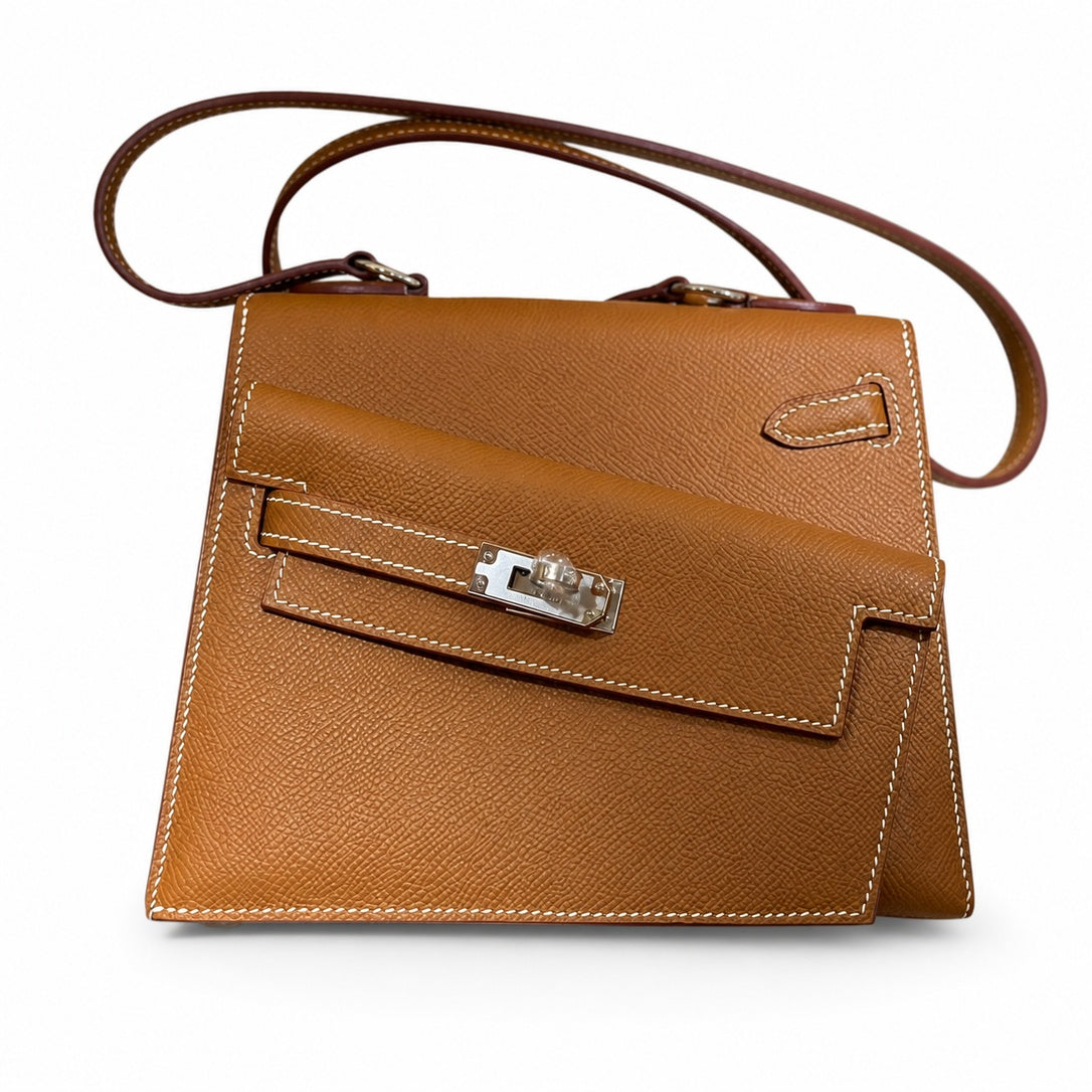 Kelly Double-Sided Epsom Leather in Gold Brown with Silver Buckle — Refined Reversible Carry Design