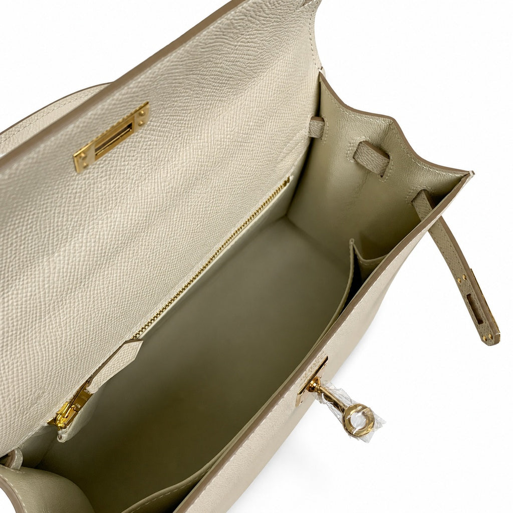 Kelly 25 Milkshake White Epsom Gold Buckle handmade with wax thread — Distinctive Hand-Carry Bag