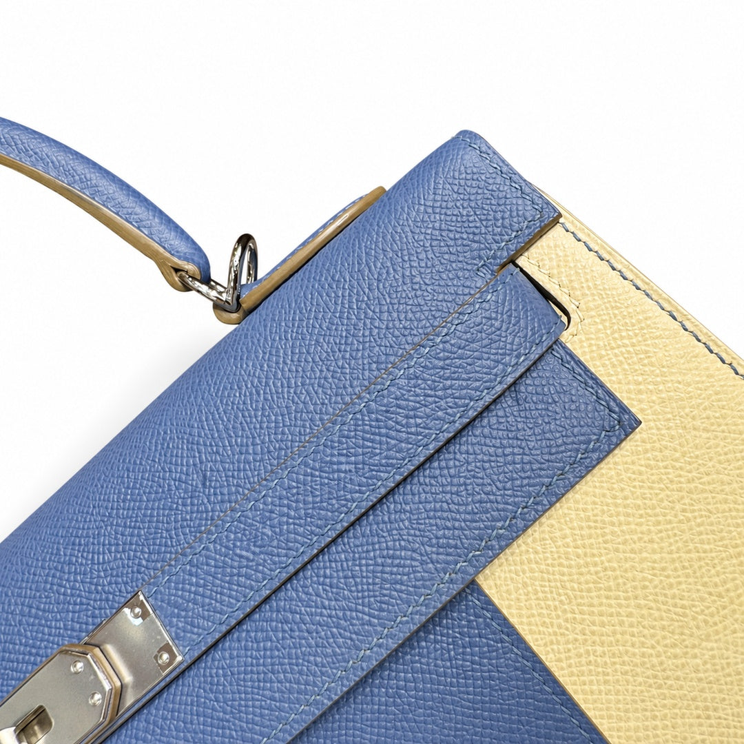 Kelly 32cm Epsom Leather 10 Craie Milkshake White R2 Blue Agate Bright Blue Top Handmade — Polished Structured Handbag