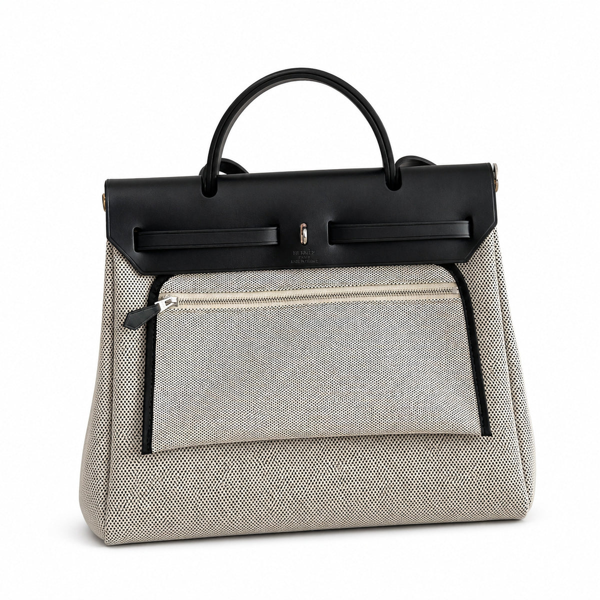 Herbag 31cm Saddle-Inspired Canvas Body with Leather Handle and Shoulder Strap — Elegant Canvas-and-Leather Bag