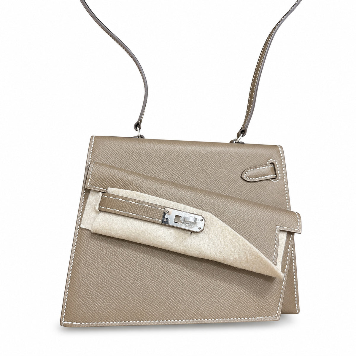 Kelly double-sided Desordre Epsom original palm print leather ck18 Elephant Gray Etoupe Silver Buckle PHW top hand sewing — Elegant Structured Carry Style