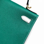 Kelly 28cm Epsom Leather U4 Vert Vertigo Velvet Green with 10 Craie Milkshake White top handcraft — Structured Top-Handle Handbag