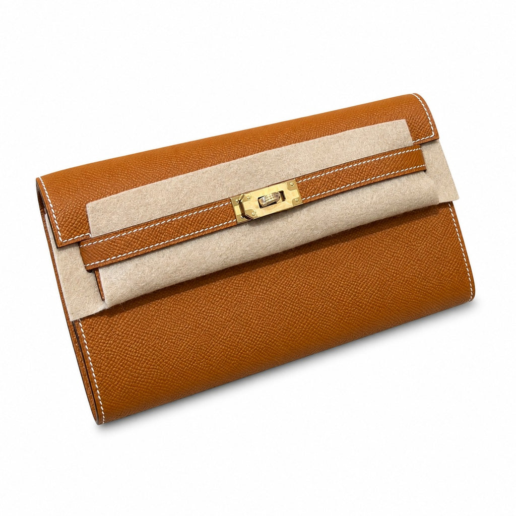 Elegant Petite Clutch: Kelly to go Color: ck37/Gold Size: 19*11.5*1.5cm Leather: Epsom Hardware: Gold Kelly crossbody bag, Golden Brown, cowhide, Gold Buckle, handmade P