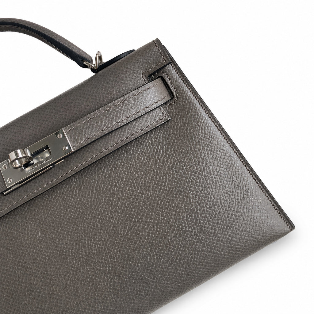 handmade Mini Kelly II 19cm imported Epsom Leather pewter gray Silver Buckle — Refined Mini Handbag