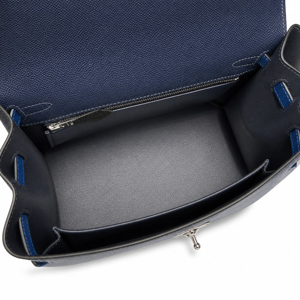 Kelly 25cm Epsom Leather 2Z Blue Nuit Midnight Blue with 89 Noir Black with 71 Bleu France French blue top handcraft — Structured Top-Handle Handbag