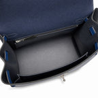 Kelly 25cm Epsom Leather 2Z Blue Nuit Midnight Blue with 89 Noir Black with 71 Bleu France French blue top handcraft — Structured Top-Handle Handbag