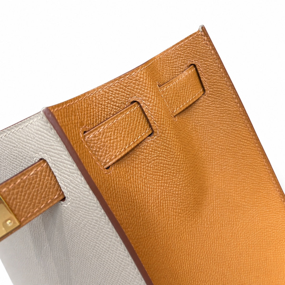Kelly 28cm Epsom Leather S2 Trench Windbreaker Gray and 37 Gold Golden Brown Top Handmade — Polished Structured Handbag