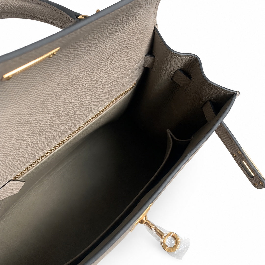 Kelly 25 M8 asphalt gray Gold Buckle Epsom pure handmade wax thread — Refined Top-Handle Bag