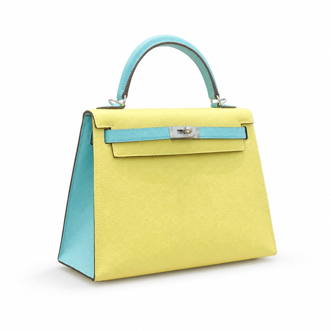 Kelly 28cm Epsom Leather C9 Soufre goose egg yolk 3P BlueAtoll macaron blue top handcraft — Polished Structured Handbag