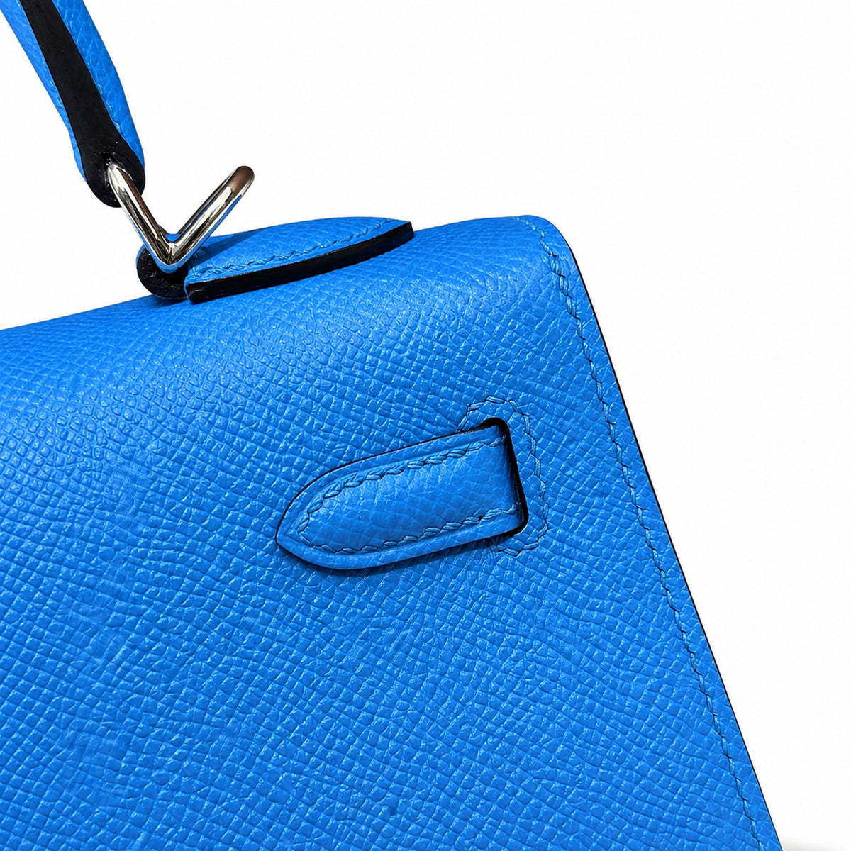 Kelly 25cm in Blue Epsom Leather with Silver Buckle Handmade — Timeless Top-Handle Design