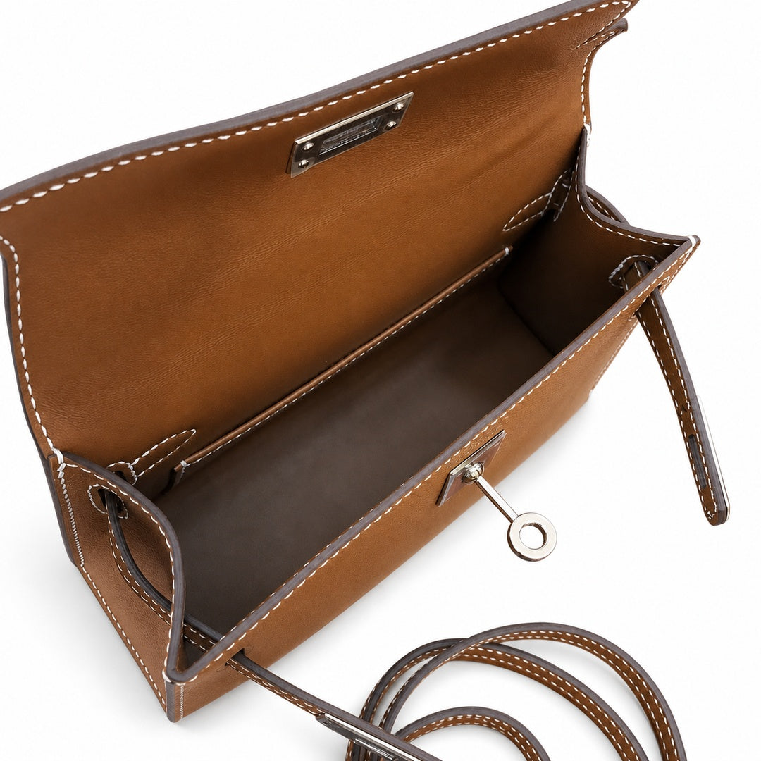 handmade Second generation Kelly 19cm imported Epsom Leather earthy yellow Gold and Silver Buckle — Sophisticated Small-Scale Bag