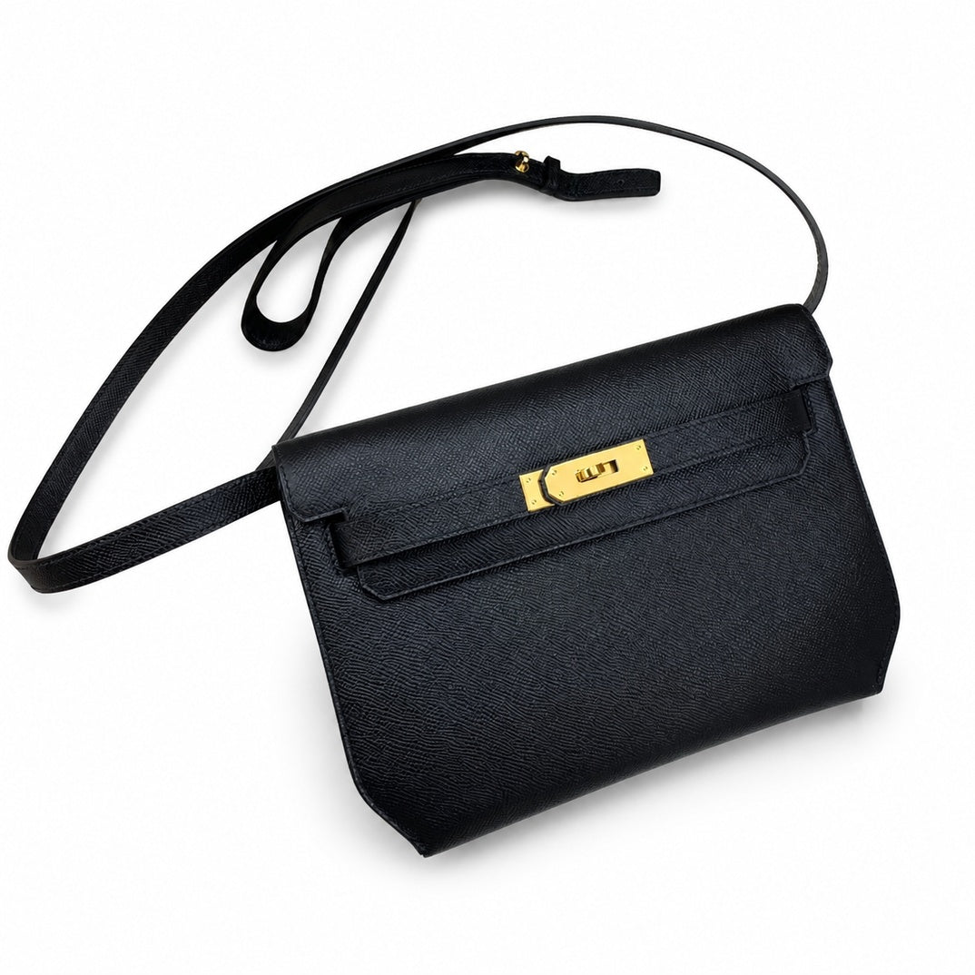 Kelly Depeches 25cm Epsom Leather 89 Black Gold Buckle — Streamlined Clutch Bag