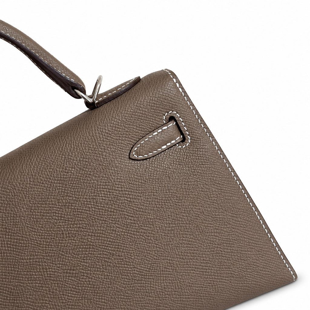 Elephant Gray, Gold and Silver buckles, Kelly 25, imported Epsom — Structured Top-Handle Handbag