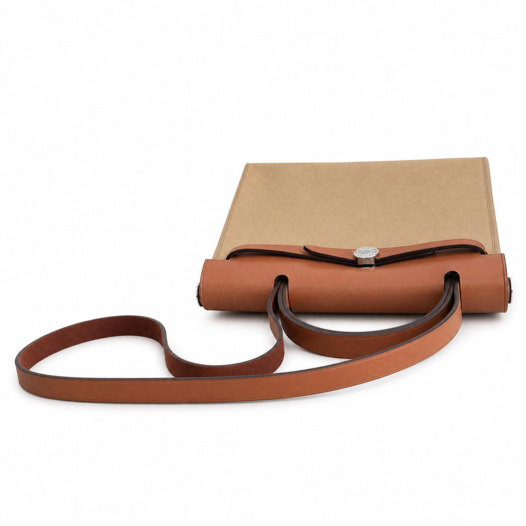 Herbag 31cm Saddle-Inspired Canvas Body with Leather Handle and Shoulder Strap — Polished Canvas-and-Leather Handbag