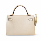 handmade Mini Kelly II 19cm imported Epsom Leather cream White Gold Buckle — Streamlined Mini Handbag