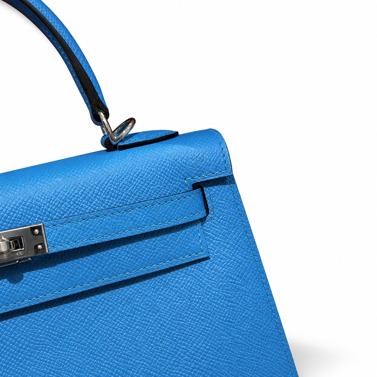 Kelly 25cm in Blue Epsom Leather with Silver Buckle Handmade — Timeless Top-Handle Design