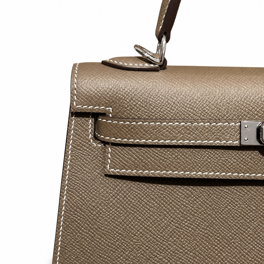 Distinctive Hand-Carry Bag: Kelly 25cm in Elephant Gray Epsom Leather with Silver Buckle Handmade