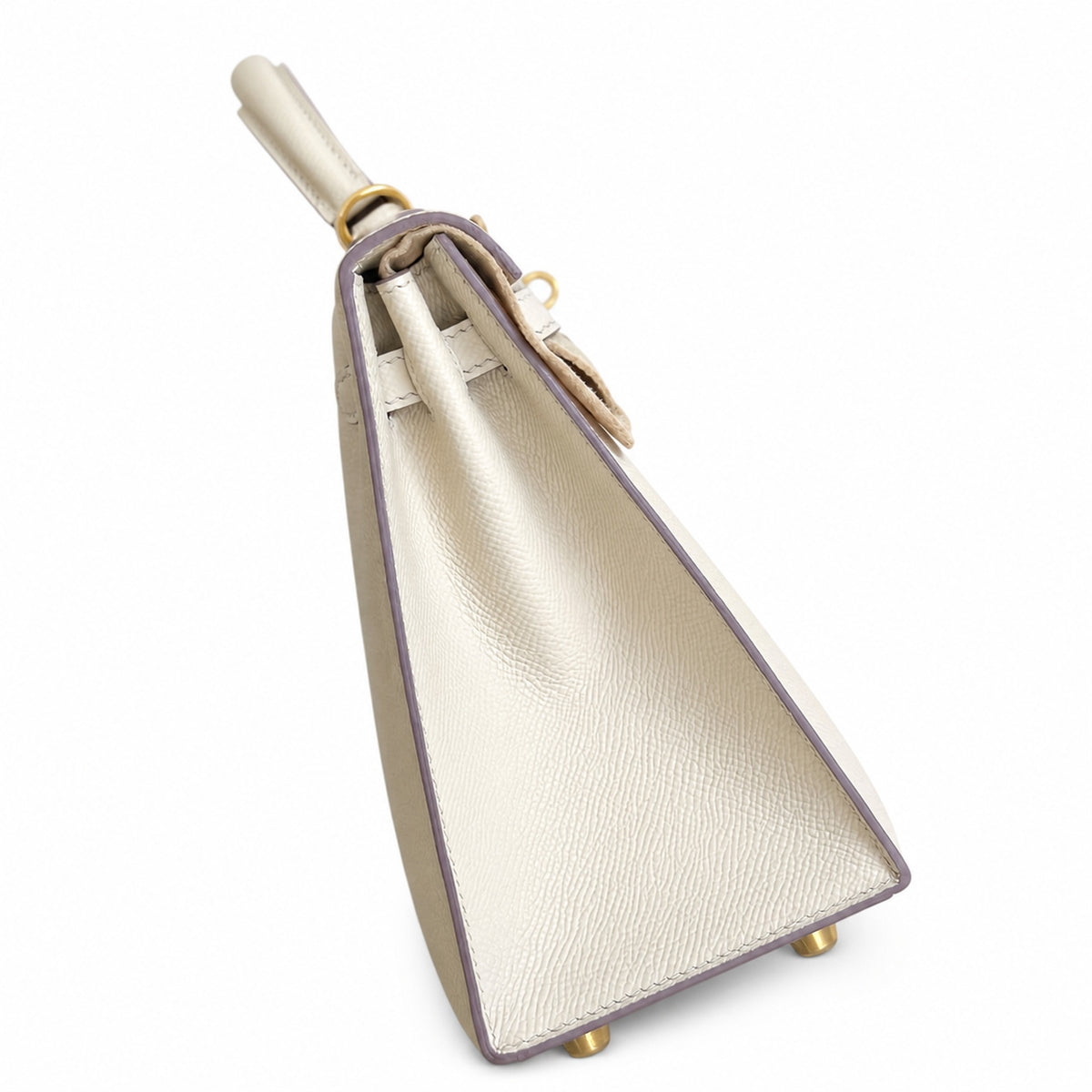 Milkshake White, Gold Buckle and Silver Buckle, Kelly 25, imported Epsom — Polished Structured Handbag