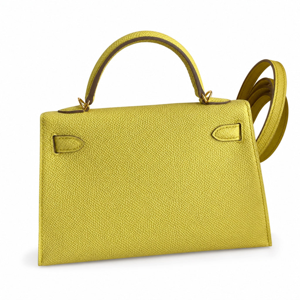 handmade Mini Kelly II 19cm imported Epsom Leather lemon yellow Gold Buckle — Elegant Compact Carry Style