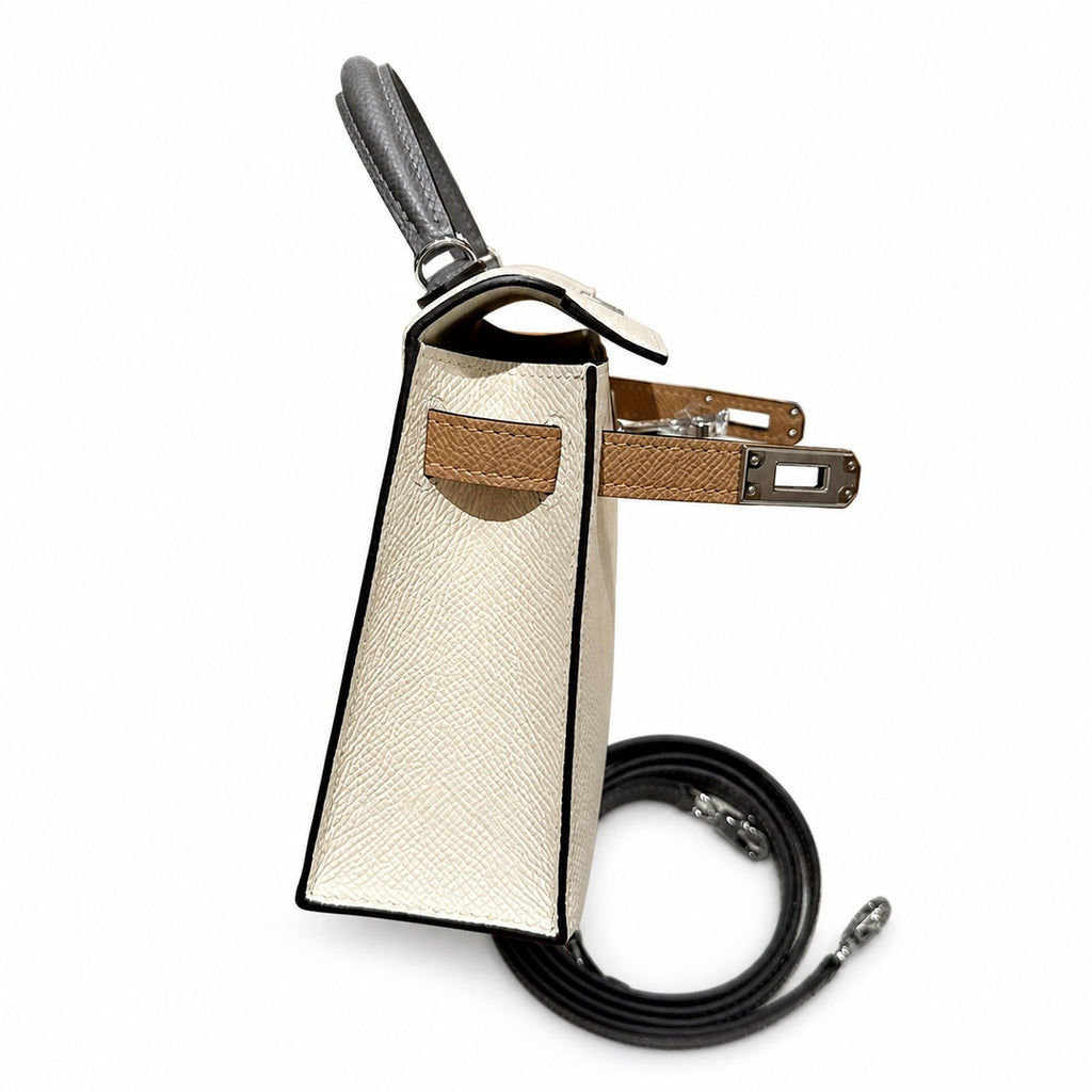 Mini Kelly II 19cm in Nata & Chai & Gris Meyer Epsom Leather with Silver Buckle — Versatile Mini Carry Design