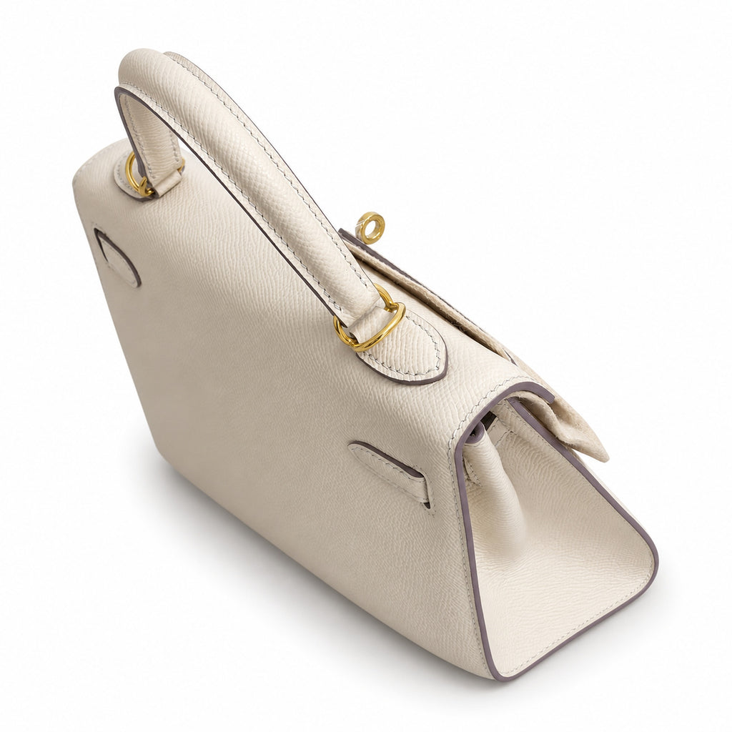 Milkshake White, Gold Buckle and Silver Buckle, Kelly 25, imported Epsom — Polished Structured Handbag