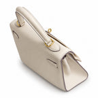 Milkshake White, Gold Buckle and Silver Buckle, Kelly 25, imported Epsom — Polished Structured Handbag