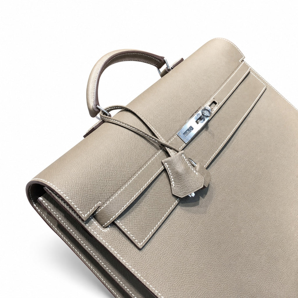Kelly briefcase 38cm Epsom Leather 18 Etoupe Elephant Gray top handcraft — Polished Hand-Carry Briefcase