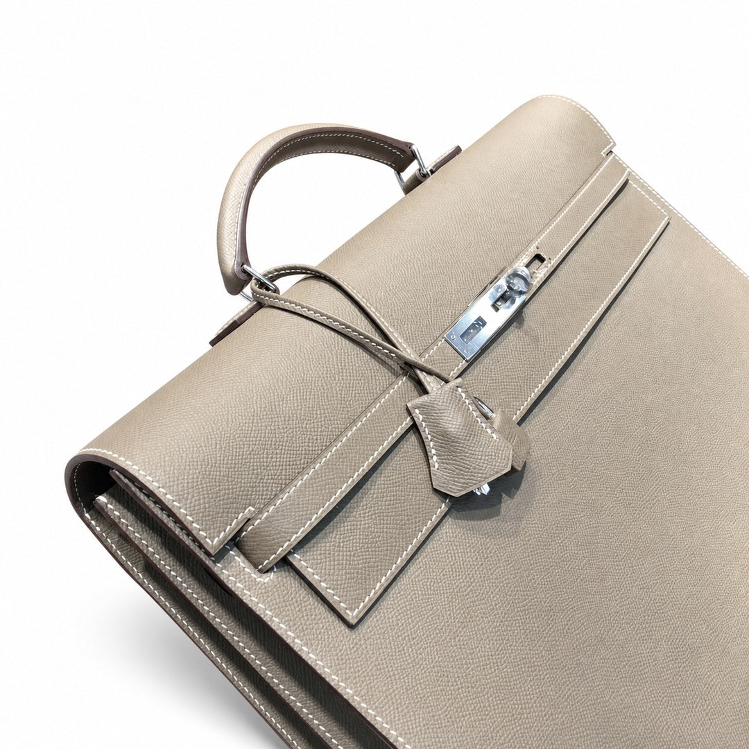 Kelly briefcase 38cm Epsom Leather 18 Etoupe Elephant Gray top handcraft — Polished Hand-Carry Briefcase