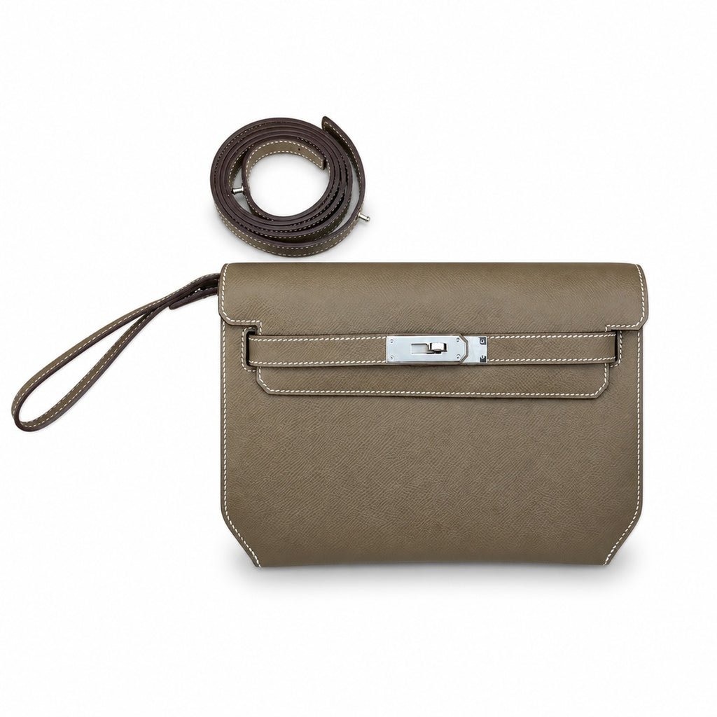 Structured Hand-Carry Clutch: Kelly Depeches 25cm Epsom Leather, 18 Elephant Gray, Silver Buckle