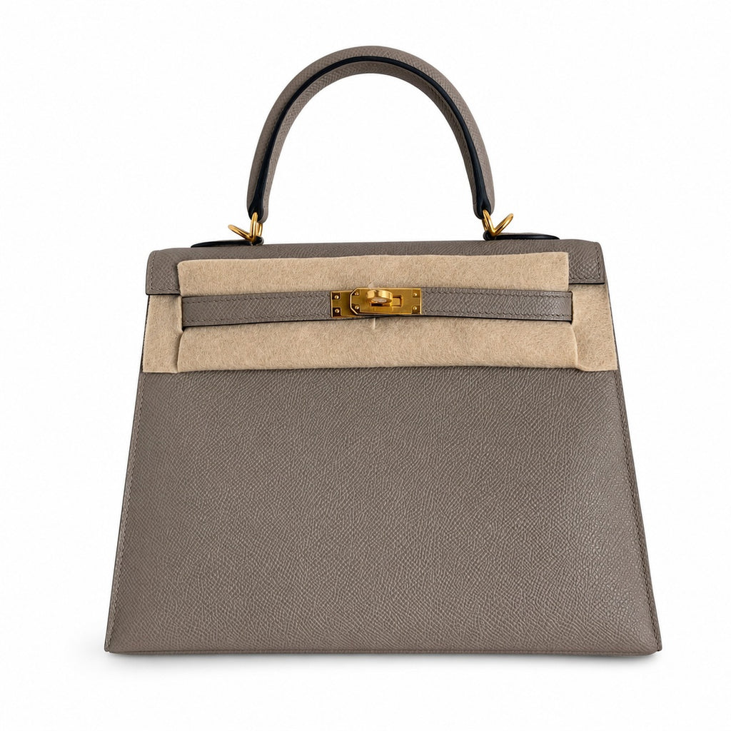 Kelly 25 M8 asphalt gray Gold Buckle Epsom pure handmade wax thread — Refined Top-Handle Bag