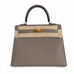 Kelly 25 M8 asphalt gray Gold Buckle Epsom pure handmade wax thread — Refined Top-Handle Bag