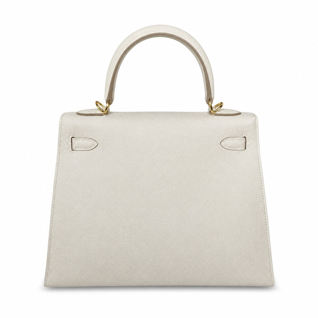 Kelly 25 Milkshake White Epsom Gold Buckle handmade with wax thread — Distinctive Hand-Carry Bag