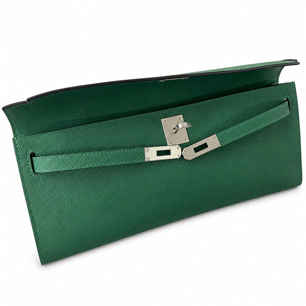 Kelly cut 31 clutch Epsom malachite green Silver Buckle — Sophisticated Evening Clutch