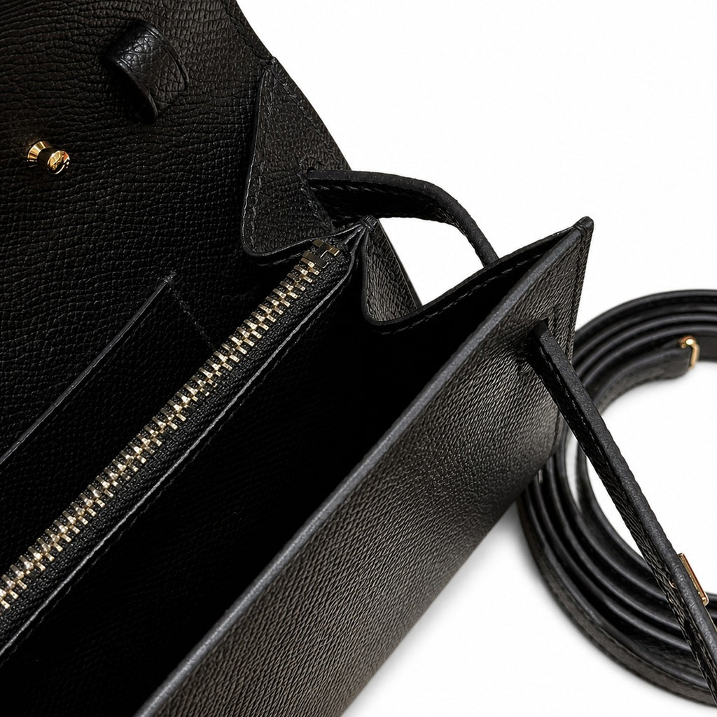 Refined Small Hand-Carry Bag: Kelly to go Color: ck89/Noir Size: 19*11.5*1.5cm Leather: Epsom Hardware: Gold shoulder crossbody bag, clutch bag, Black, cowhide, Gold Buckle