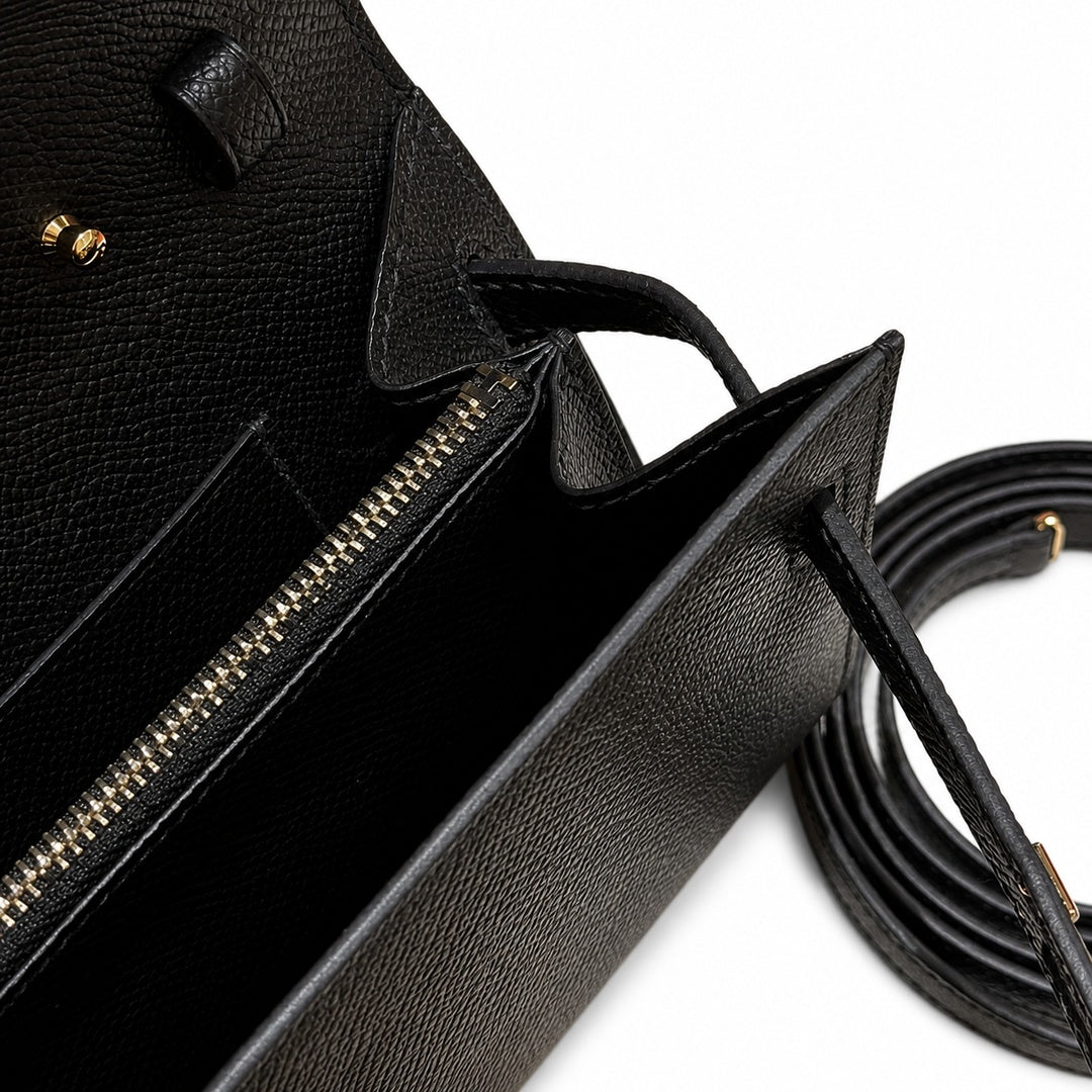 Refined Small Hand-Carry Bag: Kelly to go Color: ck89/Noir Size: 19*11.5*1.5cm Leather: Epsom Hardware: Gold shoulder crossbody bag, clutch bag, Black, cowhide, Gold Buckle