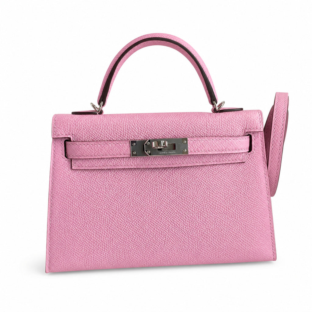 handmade Mini Kelly II 19cm imported Epsom Leather, malva purple, Silver Buckle — Sophisticated Small-Scale Bag