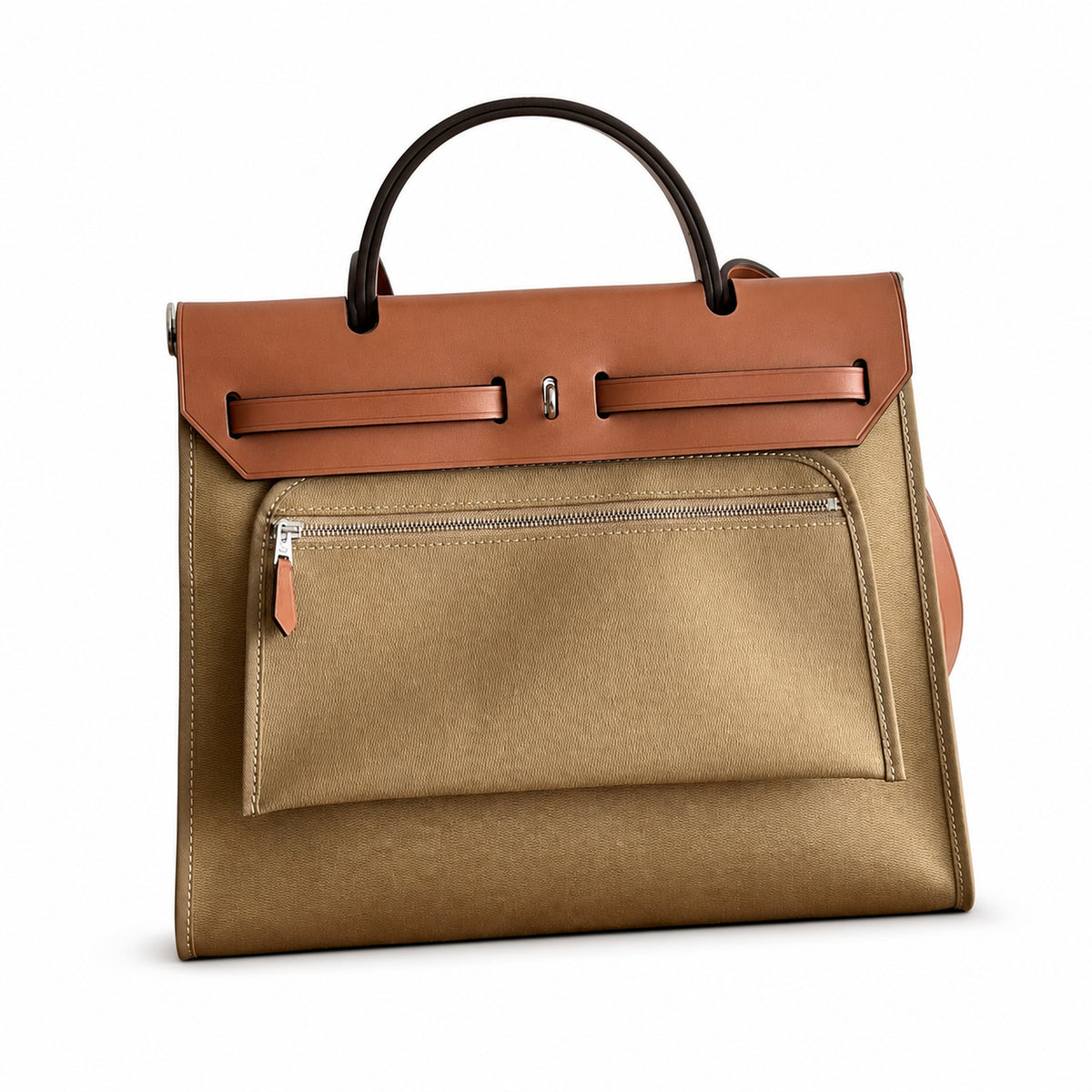 Herbag 31cm Saddle-Inspired Canvas Body with Leather Handle and Shoulder Strap — Polished Canvas-and-Leather Handbag