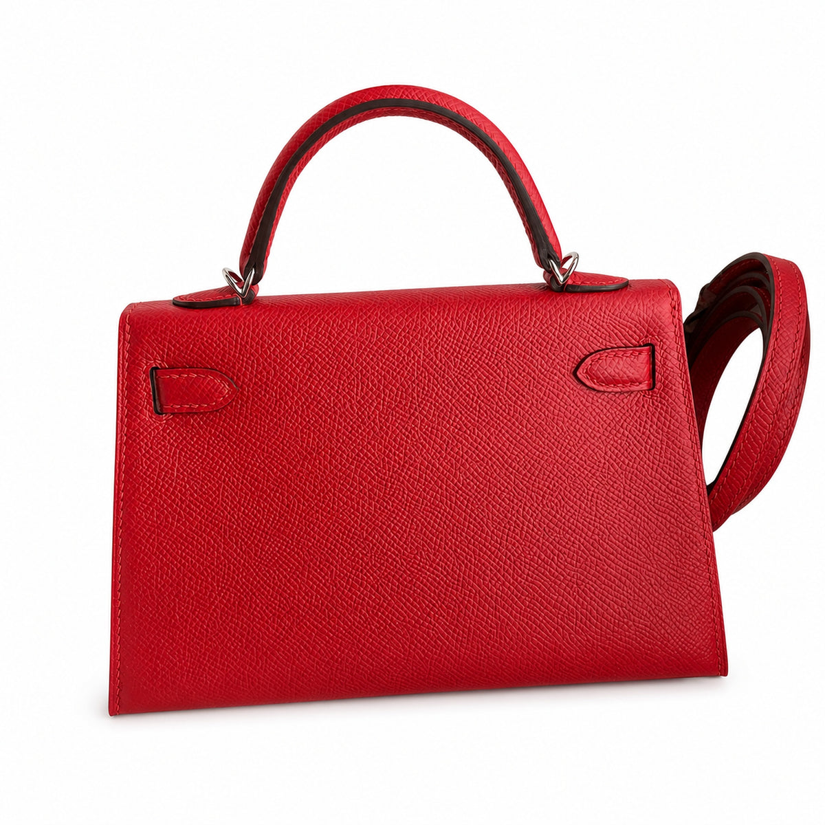 handmade Mini Kelly II 19cm imported Epsom Leather flag Red Silver Buckle — Small Structured Carry Style