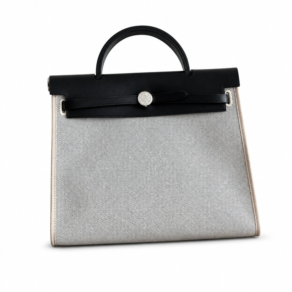 Versatile Canvas Shoulder Carry: Herbag 31cm Saddle-Inspired Canvas Body with Leather Handle and Shoulder Strap