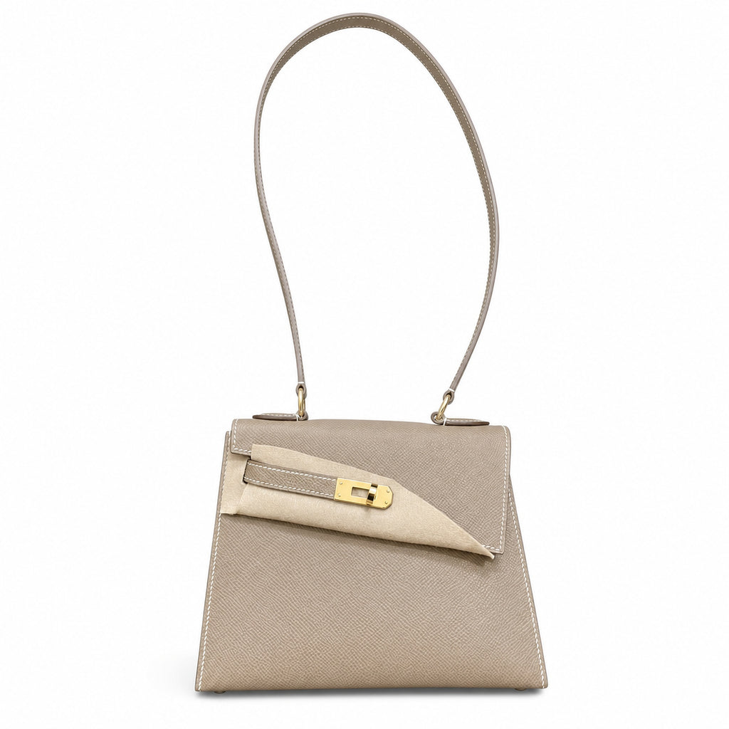Kelly Desordre 20cm Sellier double-sided Epsom original palm print leather ck18 Elephant Gray Etoupe Gold Buckle GHw top hand sewing — Elegant Structured Carry Style