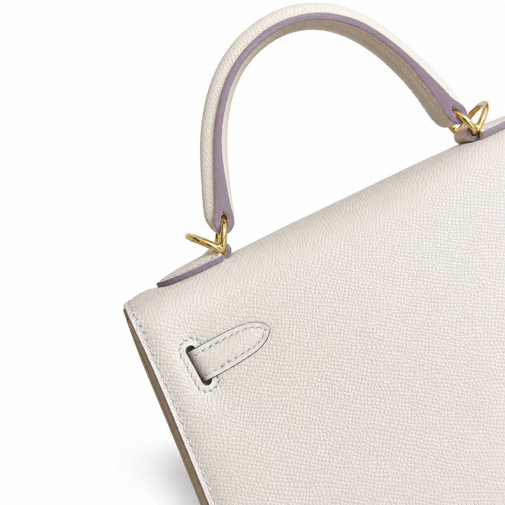 Milkshake White, Gold Buckle and Silver Buckle, Kelly 25, imported Epsom — Polished Structured Handbag