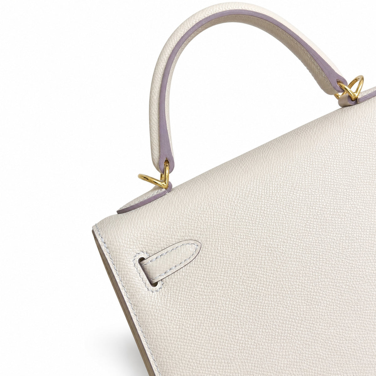 Milkshake White, Gold Buckle and Silver Buckle, Kelly 25, imported Epsom — Polished Structured Handbag