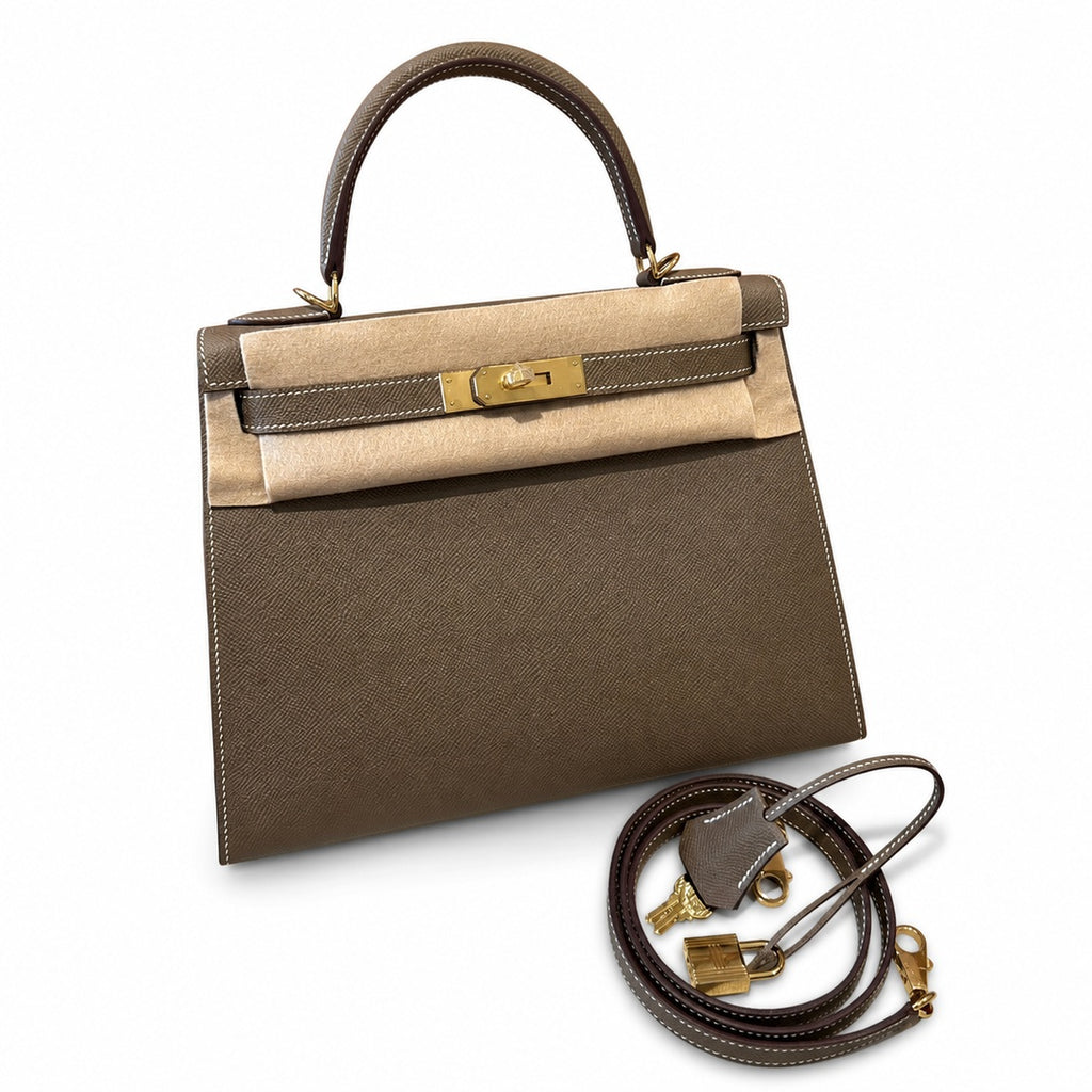 Kelly 28cm in Elephant Gray Epsom Leather with Gold Buckle Handmade — Streamlined Top-Handle Handbag